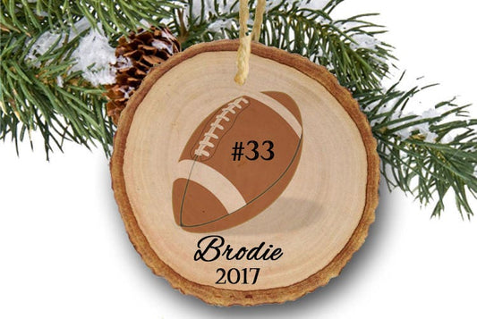 Personalized football ornament, Ornaments for kids, Sports ornament, personalized gift, tree slice, rustic, wooden