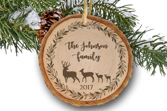Personalized Family Name Christmas Ornament, Deer Ornament, Christmas Gift Custom Ornament Holiday Gift Christmas wood slice
