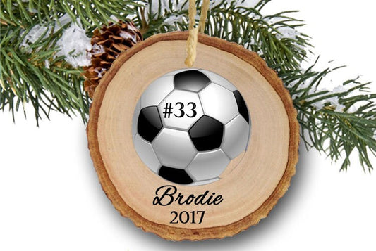 Personalized soccer ornament, Ornaments for kids, Sports ornament, personalized gift, tree slice, rustic, wooden