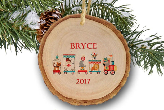 Personalized train ornament, Newborn, new baby, child, custom personalized ornament, kids ornament, tree slice, wooden