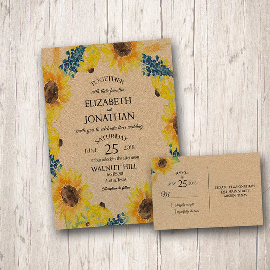 Rustic Sunflower Wedding invitation with RSVP, Sunflower and bluebonnet wedding, Sunflower wedding invitation, Sunflower rustic, Blue floral