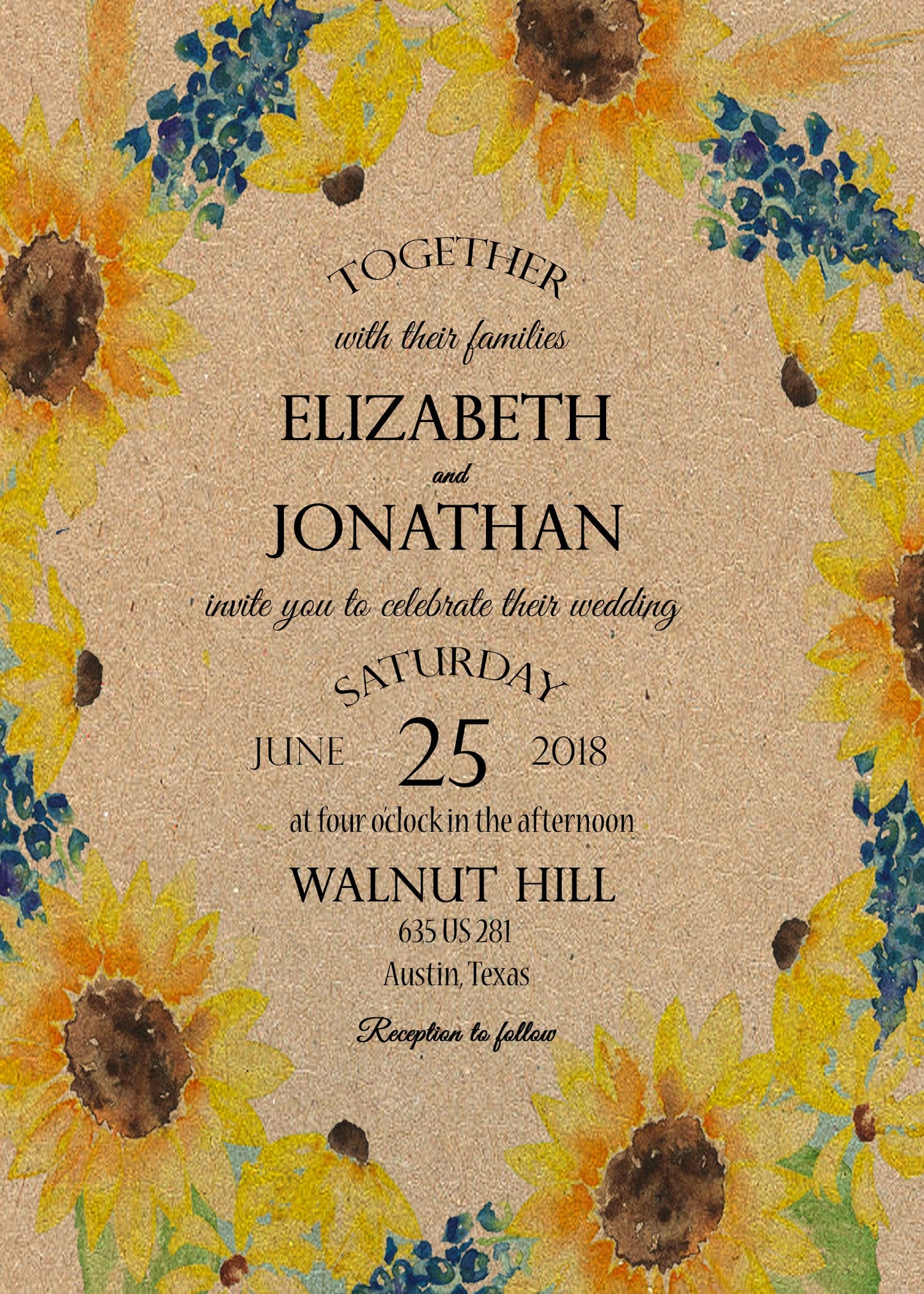 Rustic Sunflower Wedding invitation with RSVP, Sunflower and bluebonnet wedding, Sunflower wedding invitation, Sunflower rustic, Blue floral