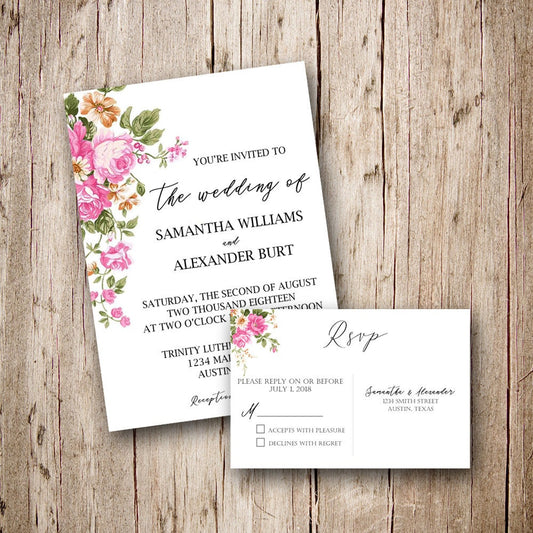 Dusty Rose Wedding Invitation and RSVP, Romantic Wedding Invitations, Vintage Rose Wedding, Wedding Invitation Suite, Floral Wedding