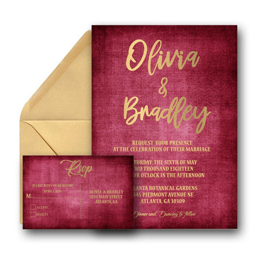 Burgundy and Gold Watercolor Wedding invitations Suite, Gold Wedding Invitation & RSVP, 3PC Burgundy Gold Wedding