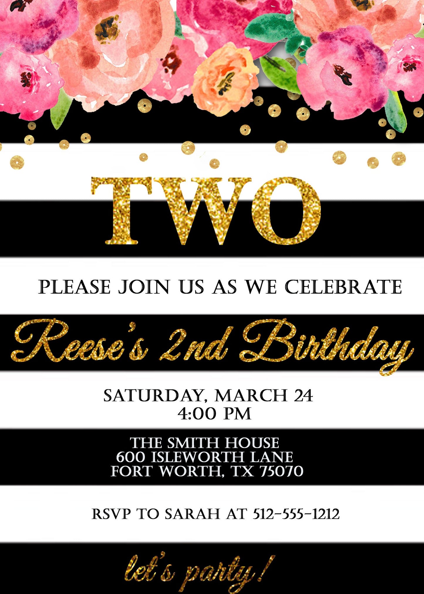 Gold Birthday Invitation, Kate black white stripe Spade Pink, Floral birthday invite, Birthday invitation for girls, girl birthday