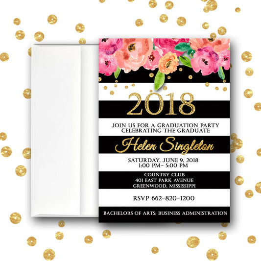 Gold Graduation Invitation, Kate black white stripe Spade Pink, Floral Graduation invite, Class of 2018, graduation announcement, printed