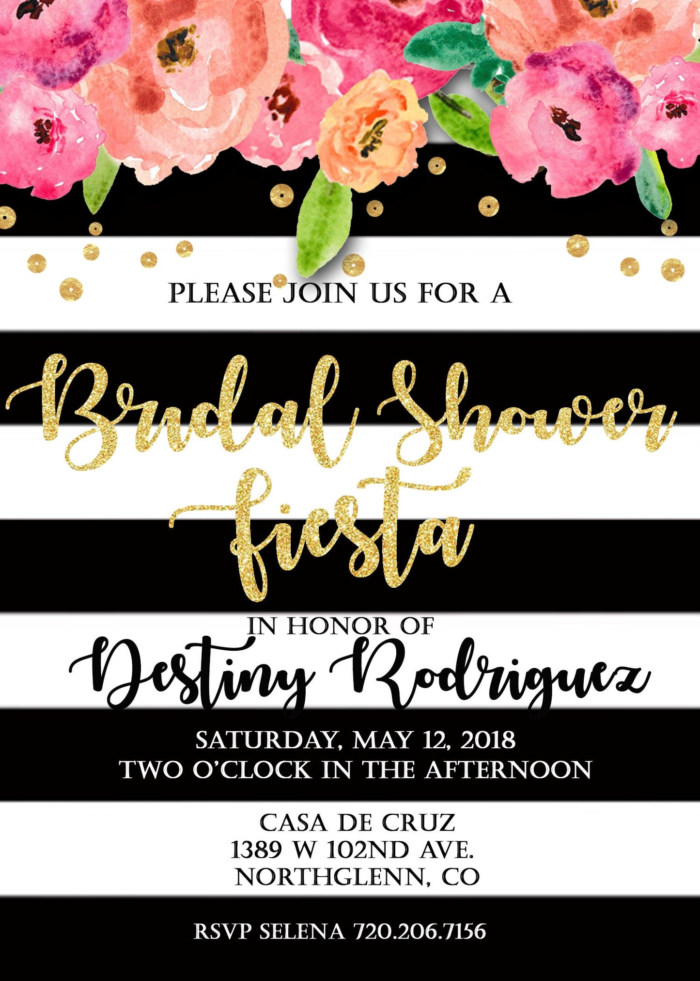 Gold Bridal Shower Invitation, Kate black white stripe Spade Pink, Floral Bridal Shower invite, Wedding Shower Invitation, black and white