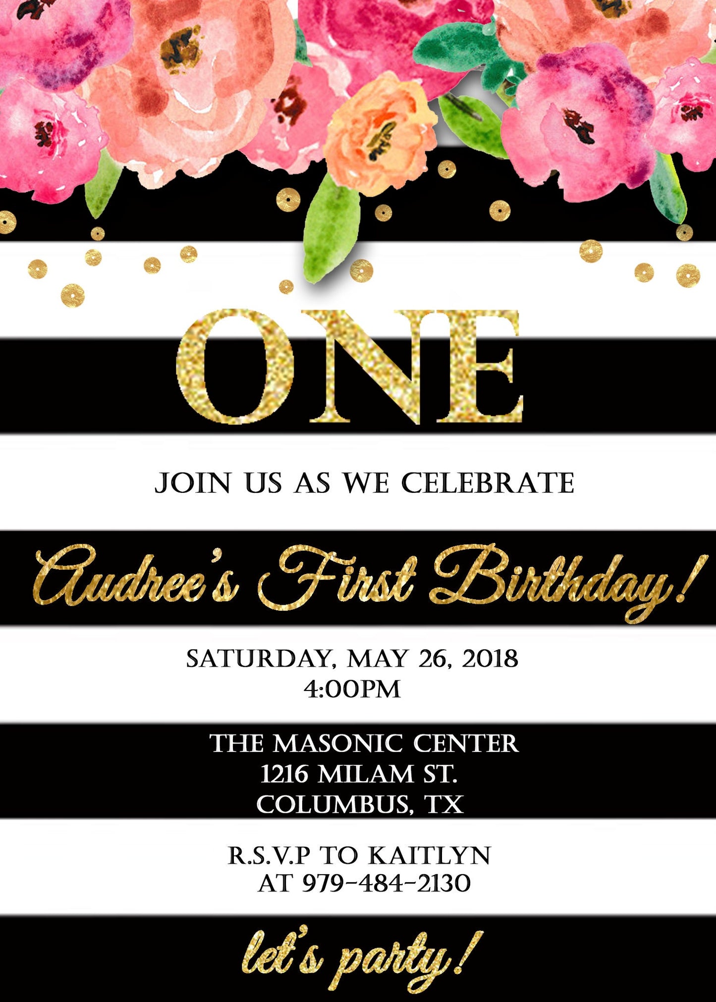 Gold Birthday Invitation, Kate black white stripe Spade Pink, Floral birthday invite, Birthday invitation for girls, girl birthday