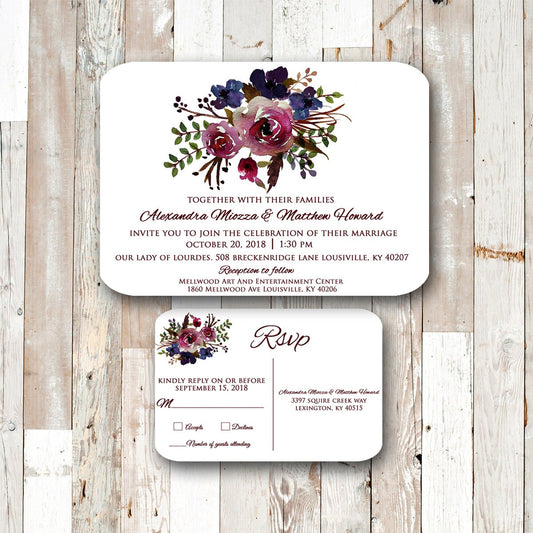 Burgundy Watercolor Wedding invitations with RSVP, Burgundy and navy, Fall Wedding Invitations, Kraft Wedding invitations, Burgundy invite