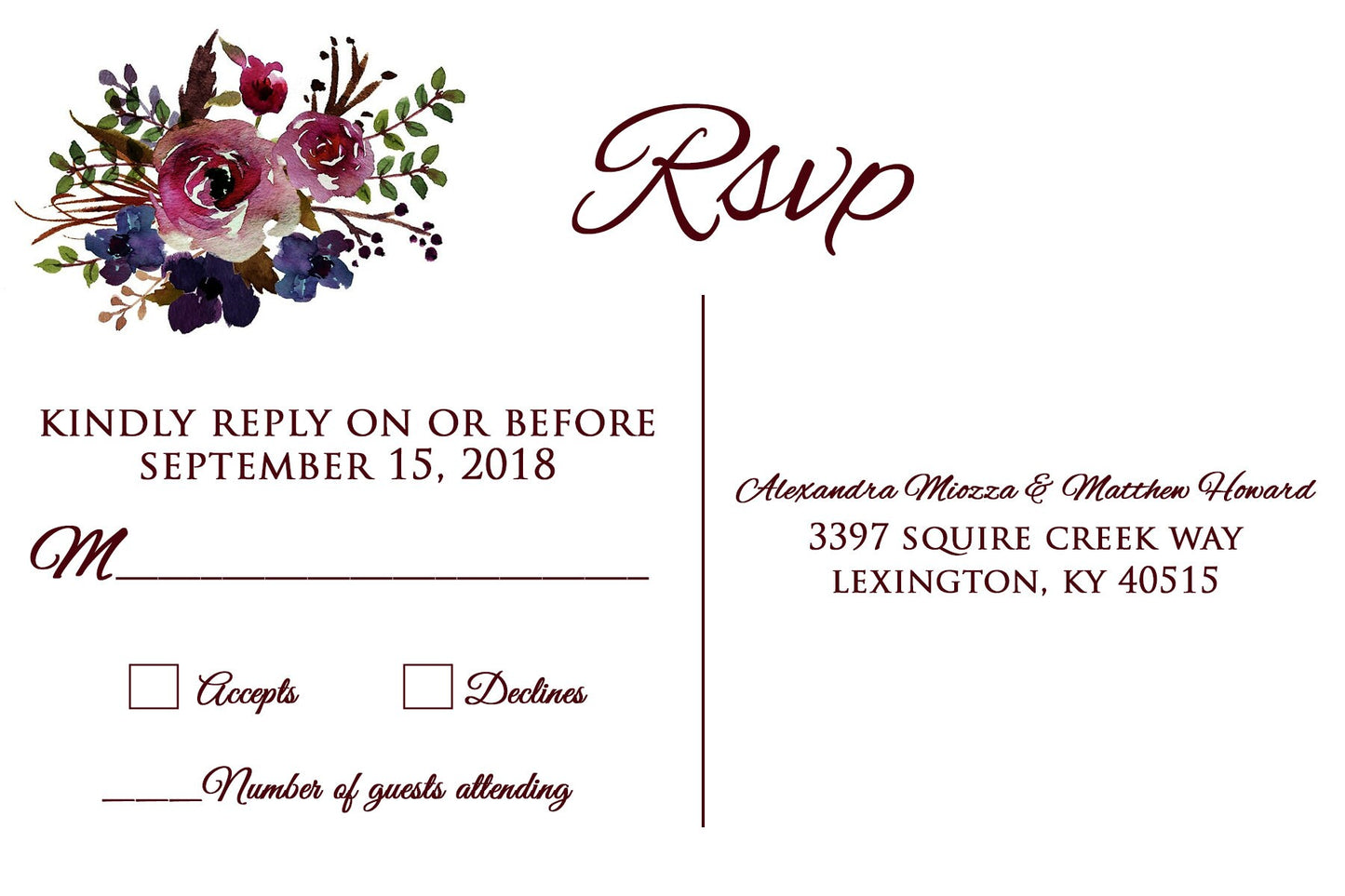 Burgundy Watercolor Wedding invitations with RSVP, Burgundy and navy, Fall Wedding Invitations, Kraft Wedding invitations, Burgundy invite