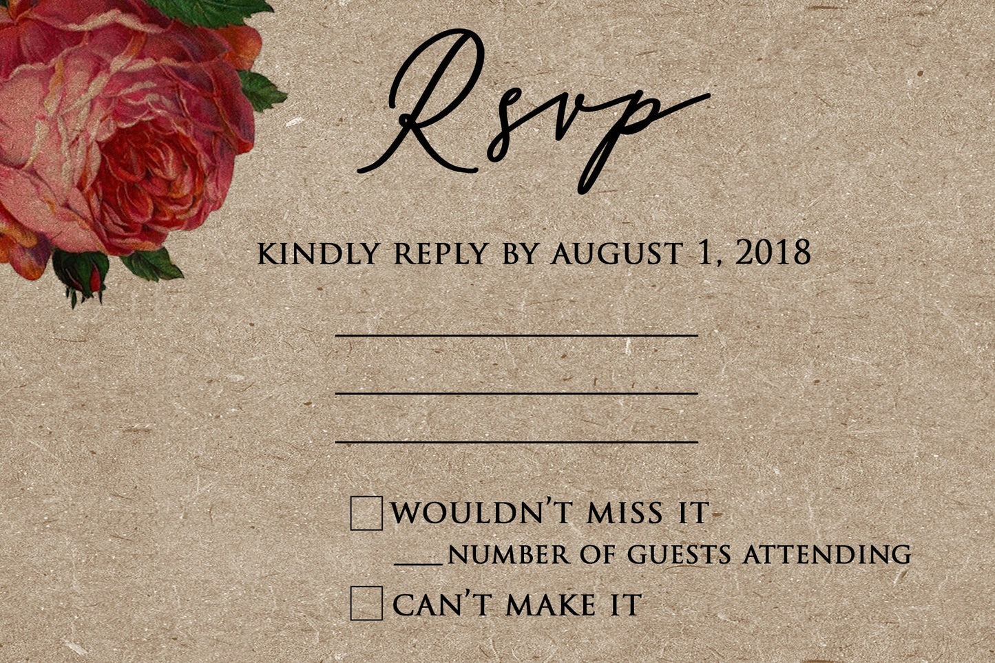 Custom Vintage Rose Kraft Wedding Invitation with RSVP postcard, Floral Invitation, Rustic Wedding Invitation, Rose Wedding, Kraft wedding