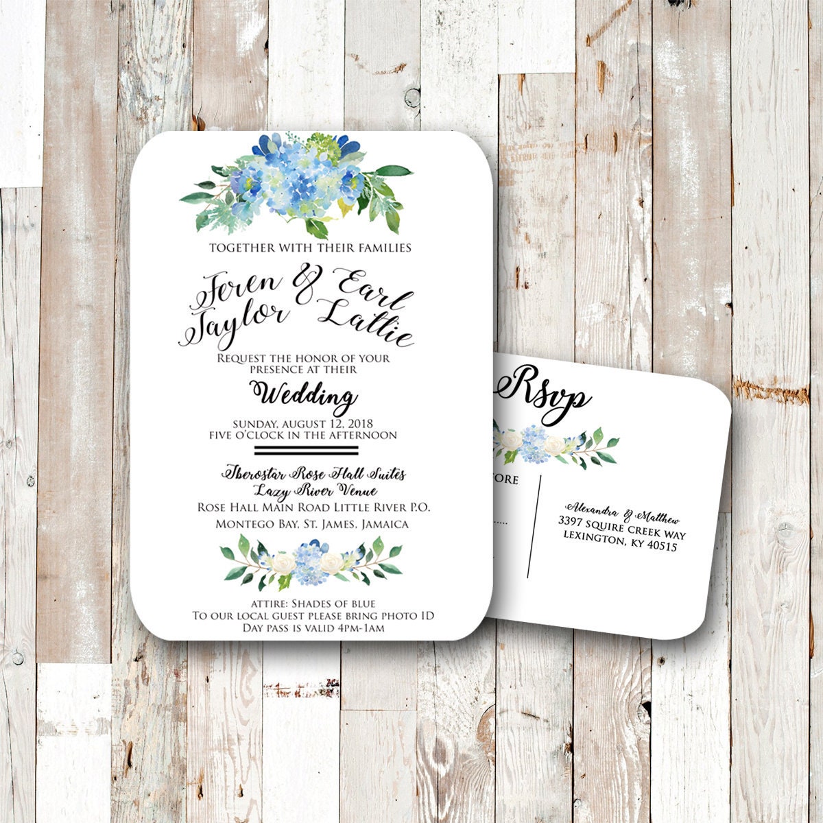 Blue Hydrangea Wedding Invitations, Shades of Blue, Summer Wedding, Romantic Wedding, Floral Wedding, Country Wedding Invitations, Blue