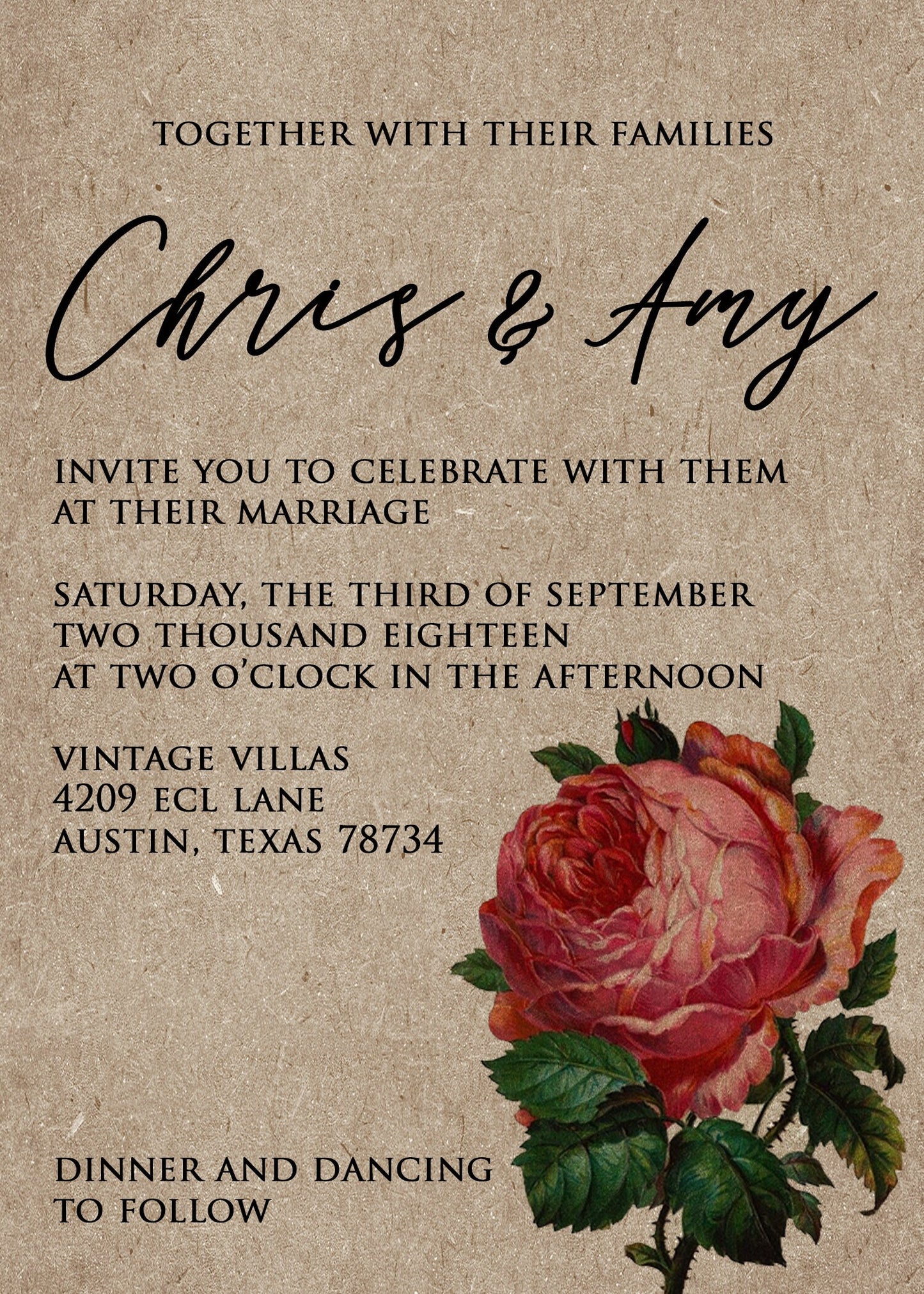 Custom Vintage Rose Kraft Wedding Invitation with RSVP postcard, Floral Invitation, Rustic Wedding Invitation, Rose Wedding, Kraft wedding