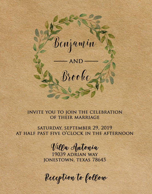 Kraft Wedding Invitations, Invitation set, Rustic Wedding, Wedding invite, Greenery wreath, Invitation suite, Green wreath invite, RSVP