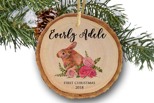Baby's First Christmas, my first Christmas, new baby gift, personalized baby, Christmas gift, newborn ornament,  rabbit, wood slice