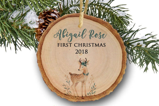 Baby Deer Ornament, First Christmas Ornament, Fawn Deer Personalized Christmas Ornament, Baby Girl, Wood Slice