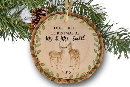 Our First Christmas as Mr & Mrs, wood, Personalized Deer Christmas Ornament Newlywed Ornament Wedding Ornament, Wood Slice