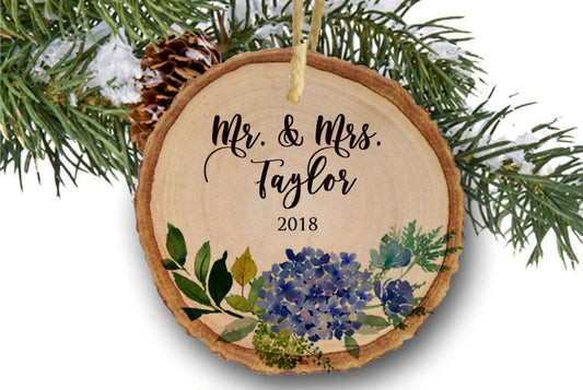 Rustic First Christmas as Mr & Mrs Ornament Our First Christmas Married Ornament Newlywed Christmas Ornament Wedding Ornament Wood Slice