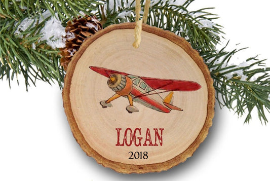 Airplane Ornament, Vintage Plane for Baby, Personalized, Wood Slice Ornament, Wooden