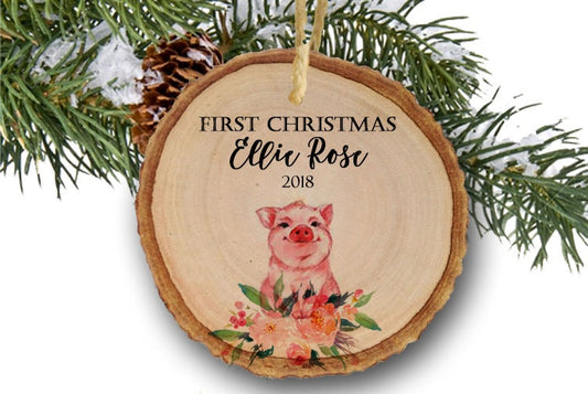 Baby's First Christmas Ornament, Personalized Children's Ornament, Little Pig, Wood Slice Ornament, Wooden Ornament