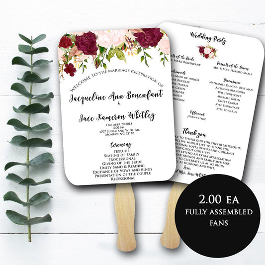 Wedding Program Fans Printed/Assembled with FREE Shipping, Marsala and Blush Wedding Fans