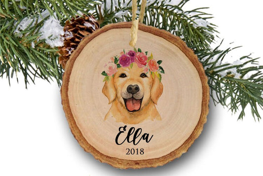 Yellow Labrador Ornament, Personalized Christmas Ornament with Flowers, wood slice ornament, wooden ornament