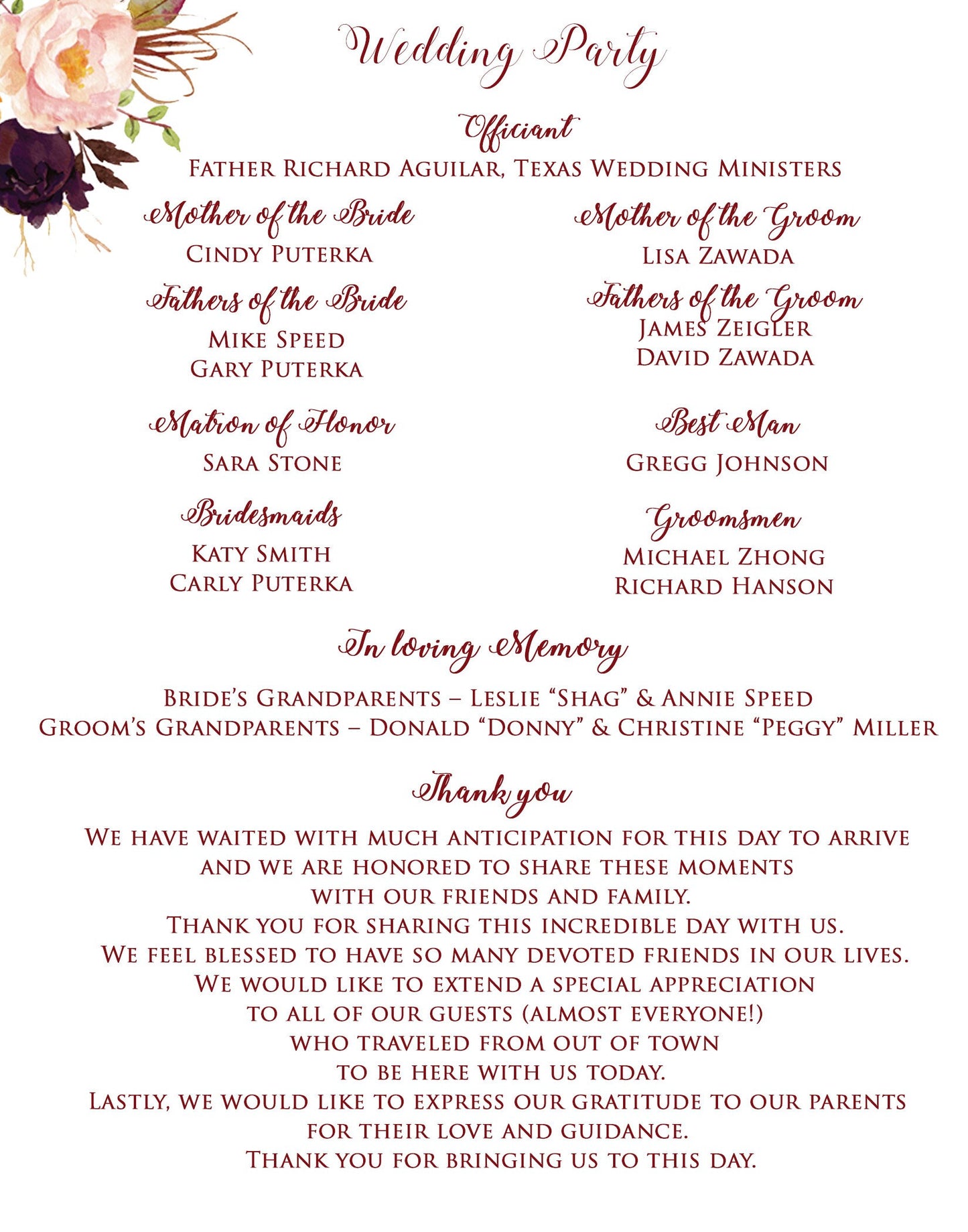 Wedding Program Printed 5x7 - Fall Floral Watercolor Wedding - Gold / Burgundy / Marsala / Wine / Blush Rustic Wedding
