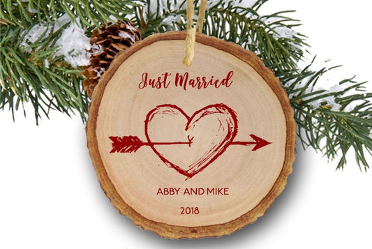 Personalized First Christmas Married Mr Mrs Wedding Heart Wood Slice Ornament Decoration Ornament Keepsake wooden ornament