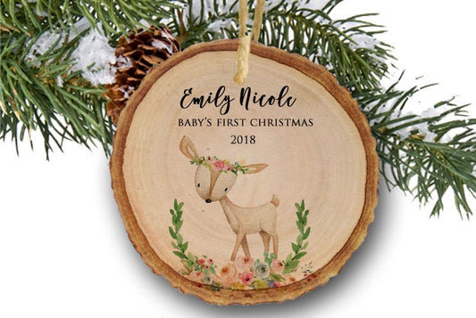 1st Christmas Ornament, Baby's first Christmas ornament,Christmas ornament, Personalized Christmas ornament ,deer, woodland, tree slice