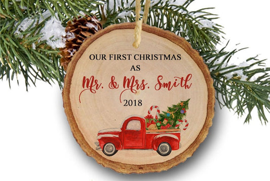 Our First Christmas as Mr & Mrs Personalized Christmas Ornament Design your own Christmas Gift Vintage Red Christmas Truck Wood Slice
