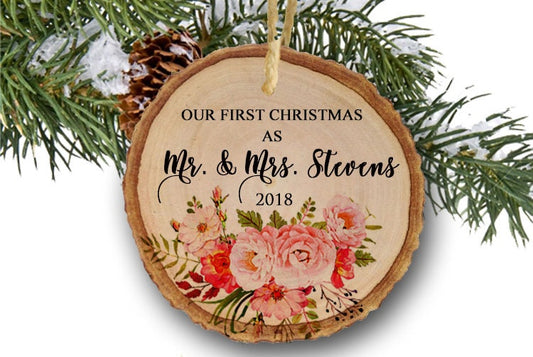 Our First Christmas as Mr & Mrs Ornament, Pink roses, Personalized Christmas Ornament, Bridal Shower Gift Bride and Groom present wood slice