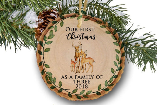 Deer Family of 3 Personalized Christmas Ornaments - Family of three Deer Ornament - First Christmas as a Family -Wood slice Ornament