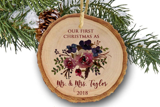 Rustic First Christmas as Mr & Mrs Ornament Our First Christmas Married Ornament Newlywed Christmas Ornament Wedding Ornament Wood Slice