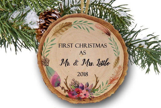 1st Christmas as Mr and Mrs Ornament, Personalized Mr & Mrs Ornament, Newlywed Christmas Ornament, Boho Collection,Wood Slice Ornament