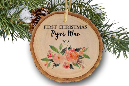 Newborn First Christmas Ornament - Wooden Ornament- Personalized Baby Holiday Ornament - Rustic Wood & Flowers Wood Slice Ornament
