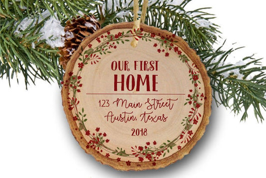 Our First Christmas In Our New Home Personalized Rustic Wood Christmas Ornament Housewarming Party Wood slice ornament wooden ornament