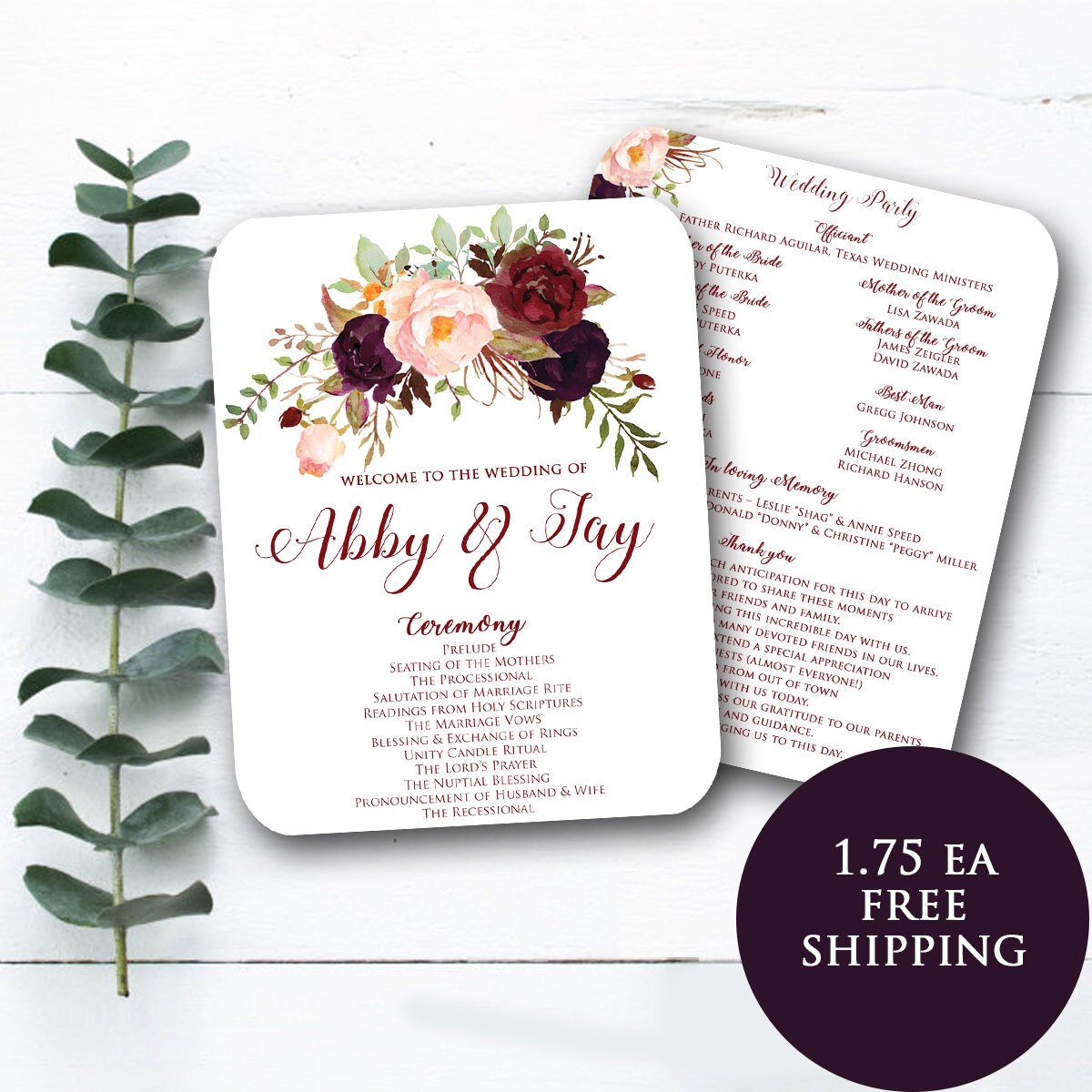 Wedding Program Printed 5x7 - Fall Floral Watercolor Wedding - Gold / Burgundy / Marsala / Wine / Blush Rustic Wedding