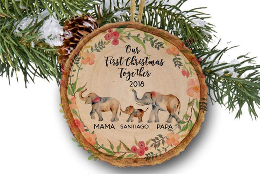 New Baby Christmas Ornament New Baby Gift Christmas Family Ornament Our First Christmas as Family of Three 3 Elephant Personalized Ornament