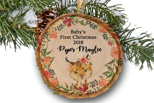 1st Christmas Ornament, Baby's first Christmas ornament,Christmas ornament, Personalized Christmas ornament ,bobcat, woodland, tree slice
