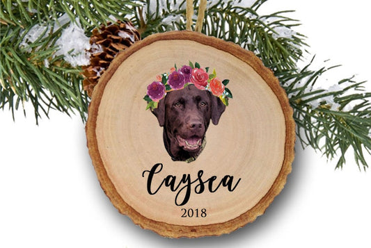 Chocolate Labrador Ornament, Personalized Christmas Ornament with Flowers, wood slice ornament, wooden ornament, pet ornament, dog