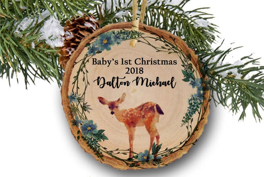 Baby Deer Ornament, First Christmas Ornament, Baby Boy ornament, Fawn Deer Personalized Christmas Ornament, Baby gift, Wooden Ornament