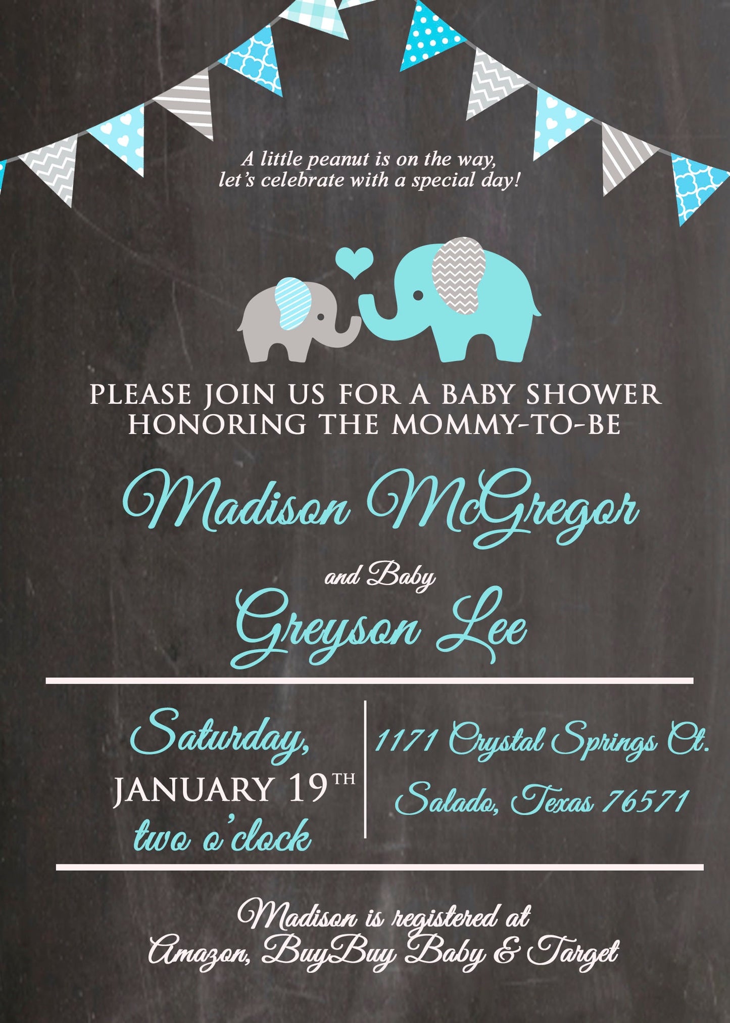 Boy Elephant Baby Shower Invitation PRINTED, Cute Baby Shower Invitation, Chalkboard Banner Baby Shower Invitation, Baby Shower Invite Boy