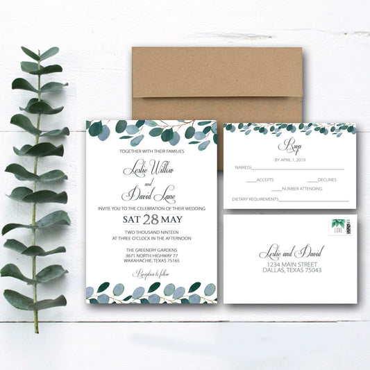 Green Leaf Wedding Invitation Set, Printed Wedding Invitations with Kraft Envelopes,  Eucalyptus, Watercolour Leaves, RSVP postcard, PRINTED