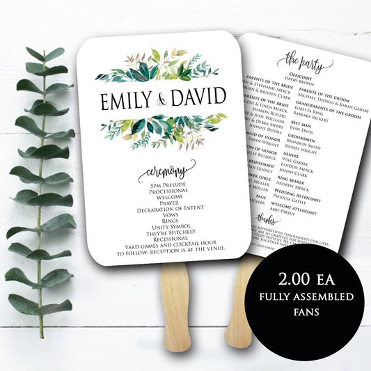 Greenery Wedding Programs, Printed Wedding Fan Program, Garden Rustic Theme (Emily)