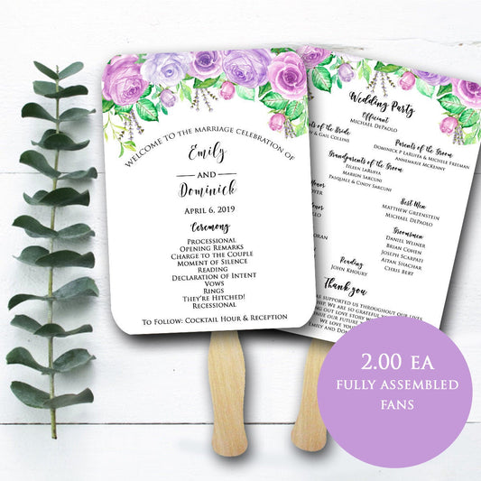 Wedding Program Fans Printed/Assembled with FREE Shipping -  Purple Bouquet