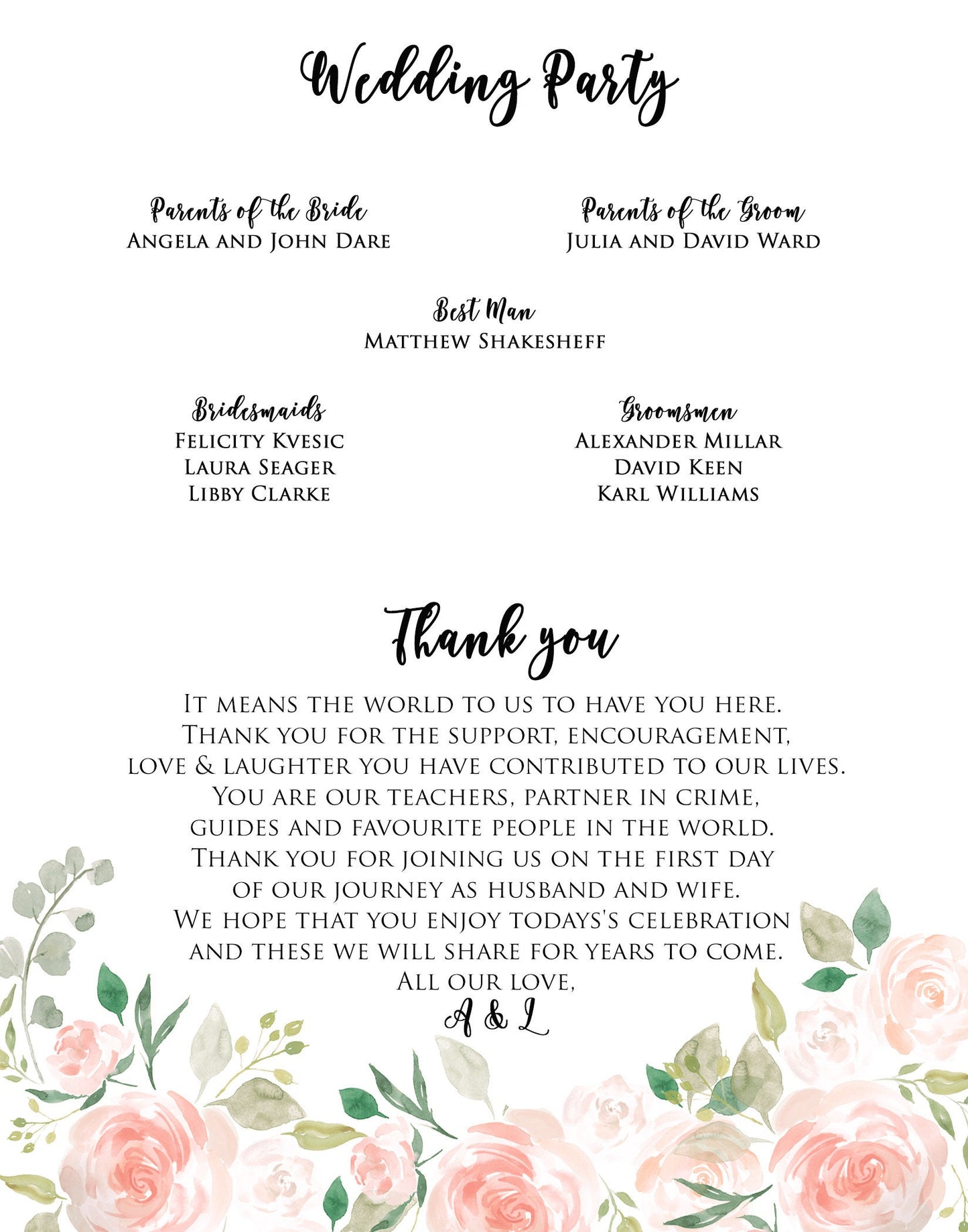 Wedding Program Fans Printed  and fully Assembled with FREE Shipping -  Blush Floral Collection