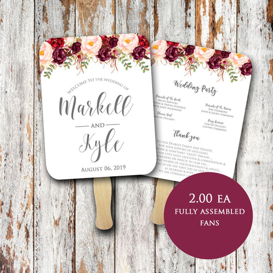 Wedding program fans Printed/Assembled with FREE SHIPPING, Wedding fans, fan programs. burgundy and blush, summer wedding, personalized