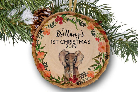 Baby elephant Ornament, First Christmas Ornament, Baby Girl ornament, Elephant Personalized Christmas Ornament, Baby gift, Wooden Ornament