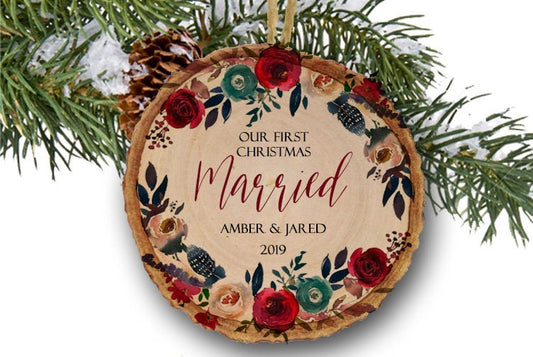 Personalized Newlywed Ornament Our First Christmas 2019 Mr. and Mrs. Ornament Boho Floral Wreath Rustic Wood slice