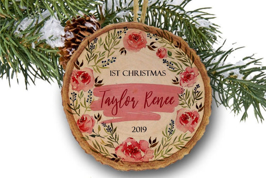 Personalized Christmas Ornament, Floral Wreath, Baby's 1st Christmas, Watercolor, Baby's 1st Christmas 2019, Girl Ornament